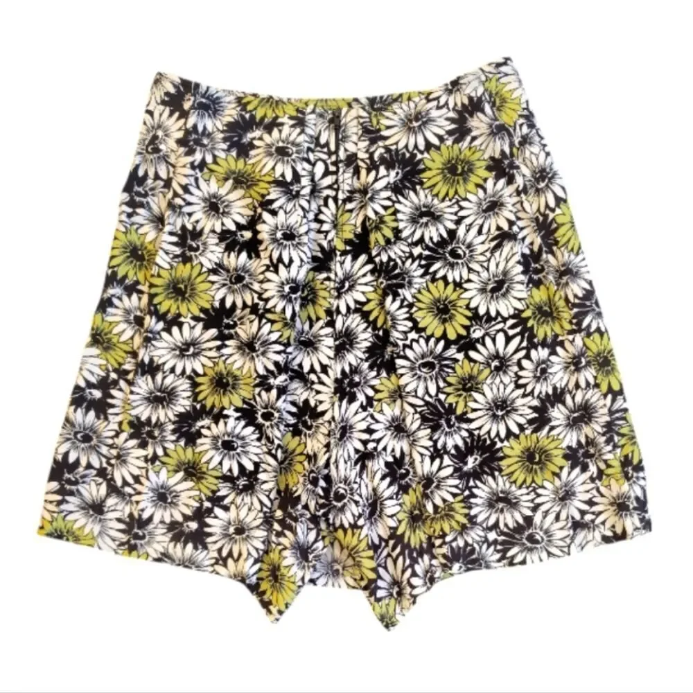 VTG 80s Floral Wrap Skort High Waist‎ Yellow Black White Rayon SZ 14 *Medium